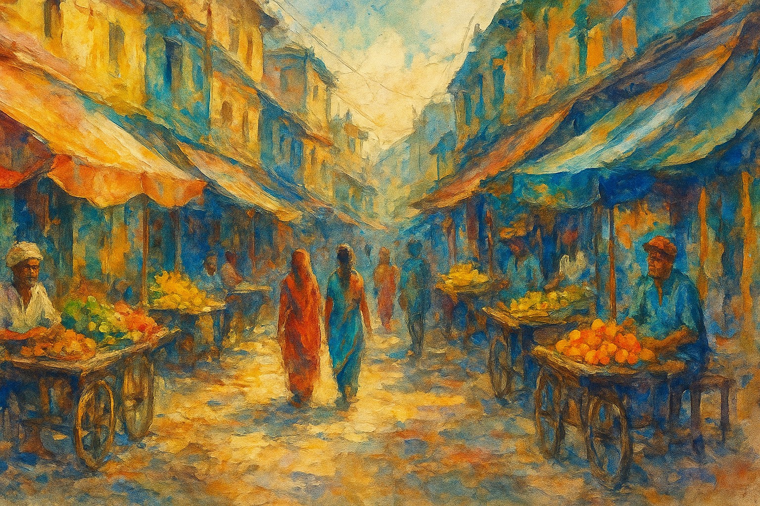 Artistic painting of Indian street market showcasing vibrant community life and entrepreneurship